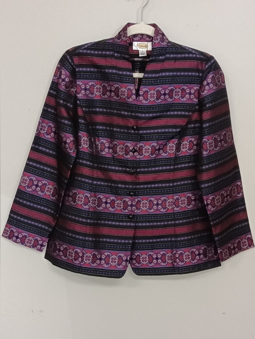 Vintage Talbots Silk Purple Patterned Mandarin Collar Fitted Blazer 6 Petite